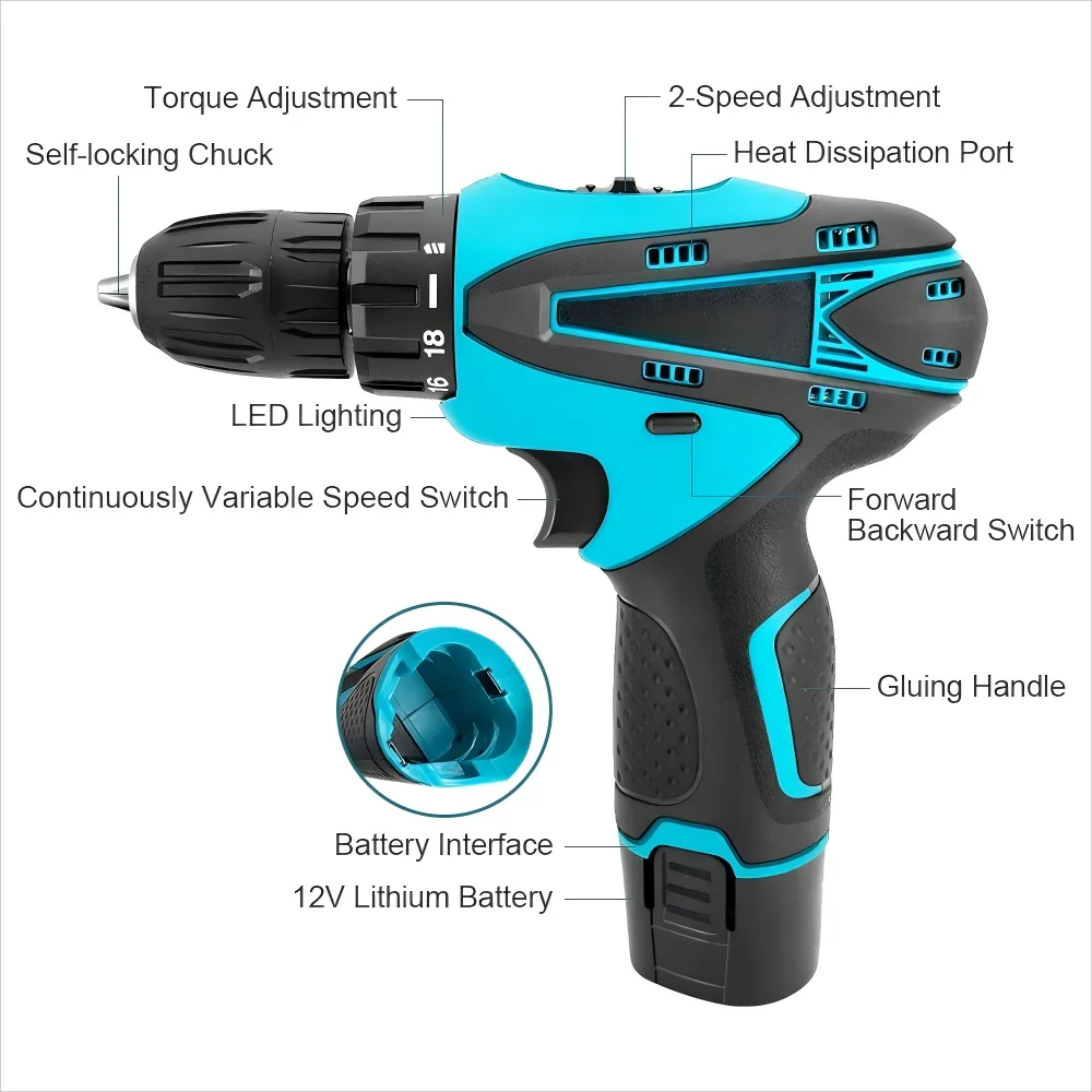 

Hot Selling 12V Lithium Battery Cordless Impact Drill Machine Keyless 10MM Electric Power Tools OEM Customization Supported