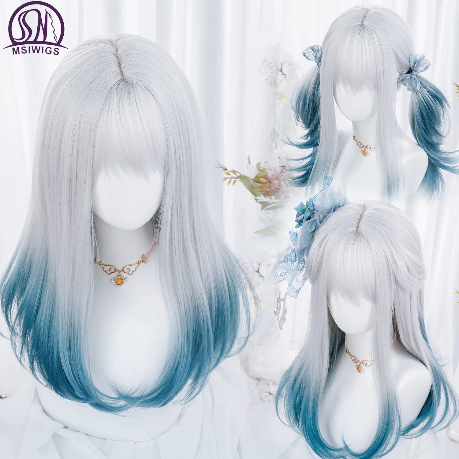MSIWIGS damska syntetyczna peruka Lolita długie proste Ombre dwukolorowe srebrnoszare niebieskie włosy do cosplay z grzywką