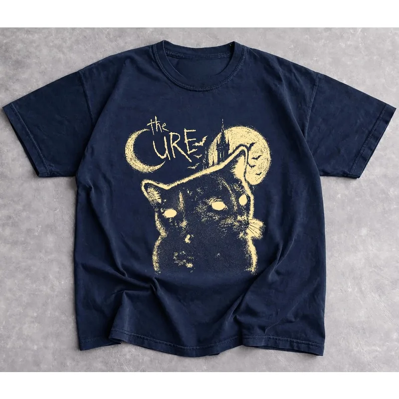 The Cure Band Cat Pattern T-shirt, 90s Retro Alternative Indie Rock T-shirt for Women, Summer New Casual Retro Unisex