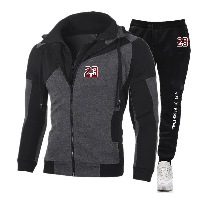 

2025 Men's 23 jersey letter number Autumn Casual Harajuku colorway hoodie + long pants diagonal zipper two-piece set