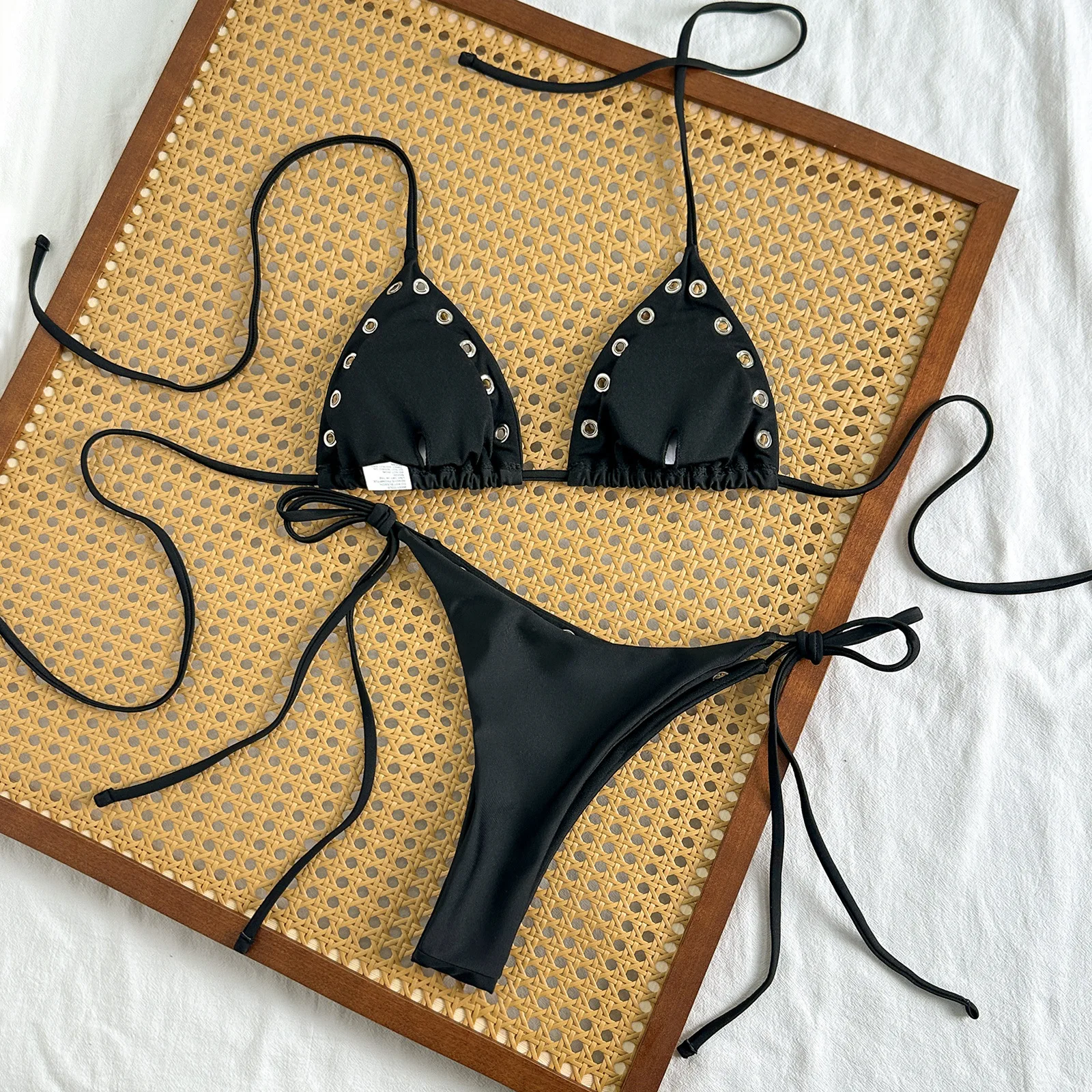 2026 Women Black Satin Halter Bikini Set Metal Eyelet Decor Tie‑Side High Cut Bathing Suit For Brazil Beach Pool Summer Swimwear