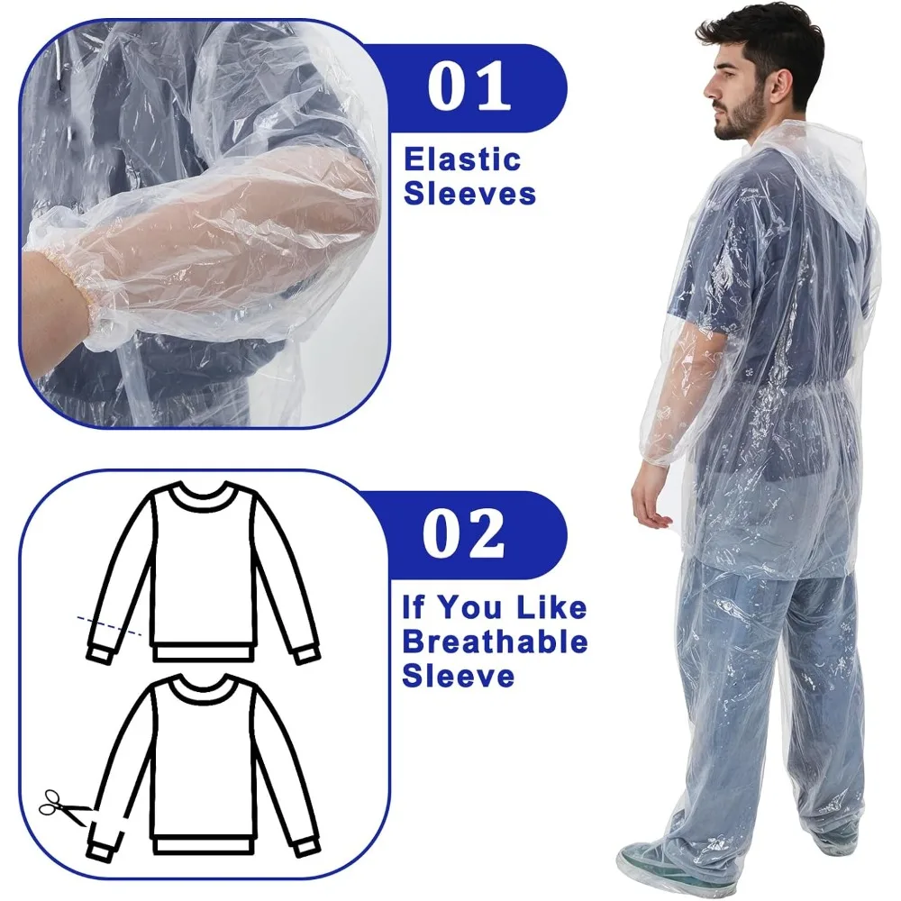 مجموعة مكونة من قطعتين من معطف المطر للاستعمال مرة واحدة، عباءات مطر للاستعمال مرة واحدة للبالغين، عباءات مطر للبالغين مع غطاء رأس برباط للرجال والنساء