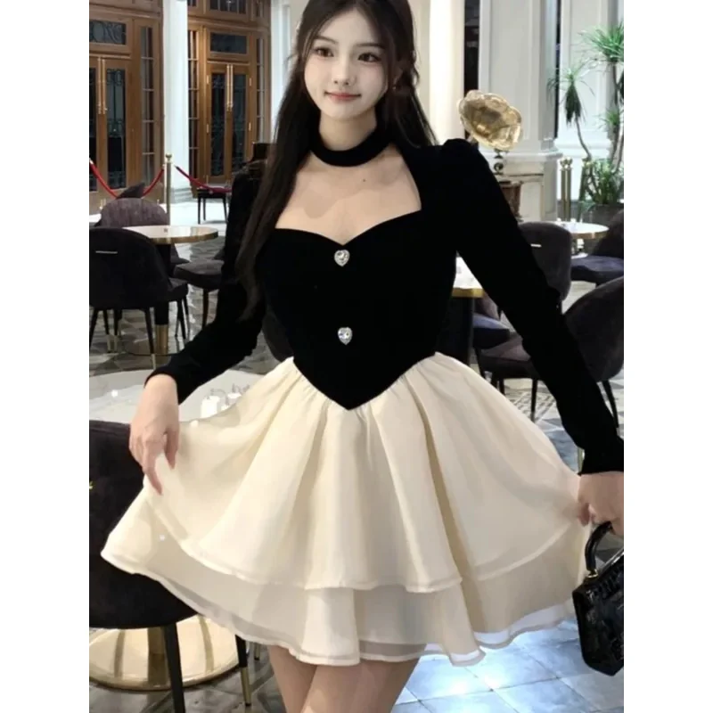 Y2k mini vestido de princesa feminino veludo retalhos em camadas babados a linha outono primavera elegante vintage festa à noite vestidos mujer