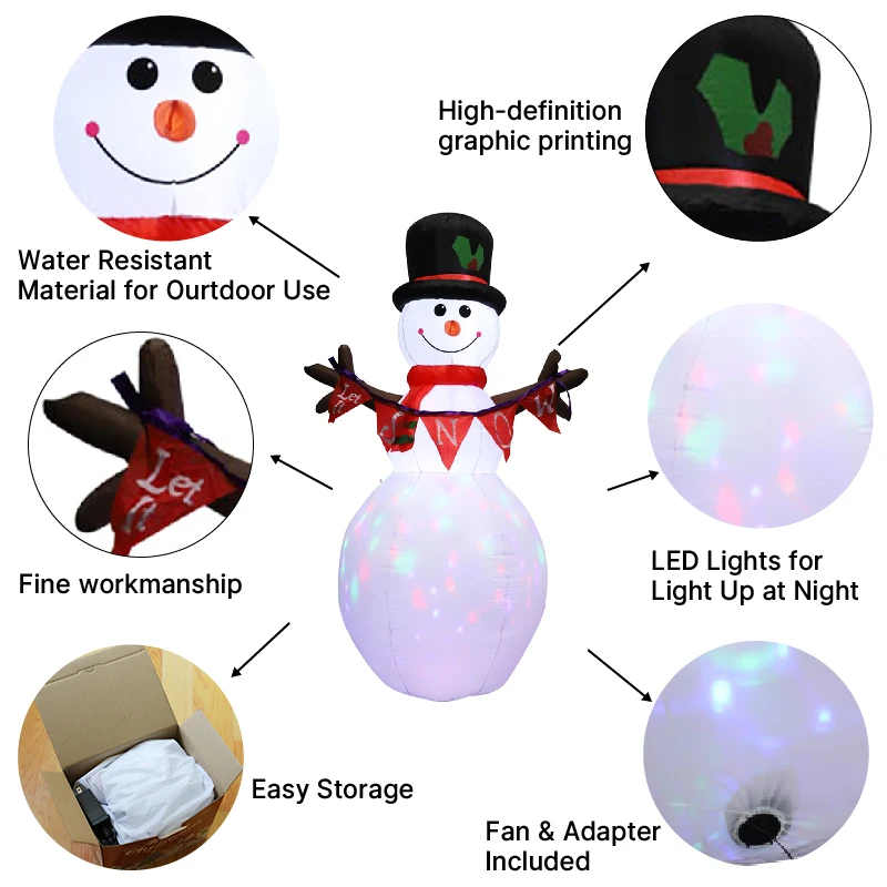 5.9FT opblaasbare sneeuwpop met bannerverlichting LED Home Decor Speelgoed Tuin Kerstornamenten Decorbenodigdheden Outdoor Vakantie Opblaaslicht