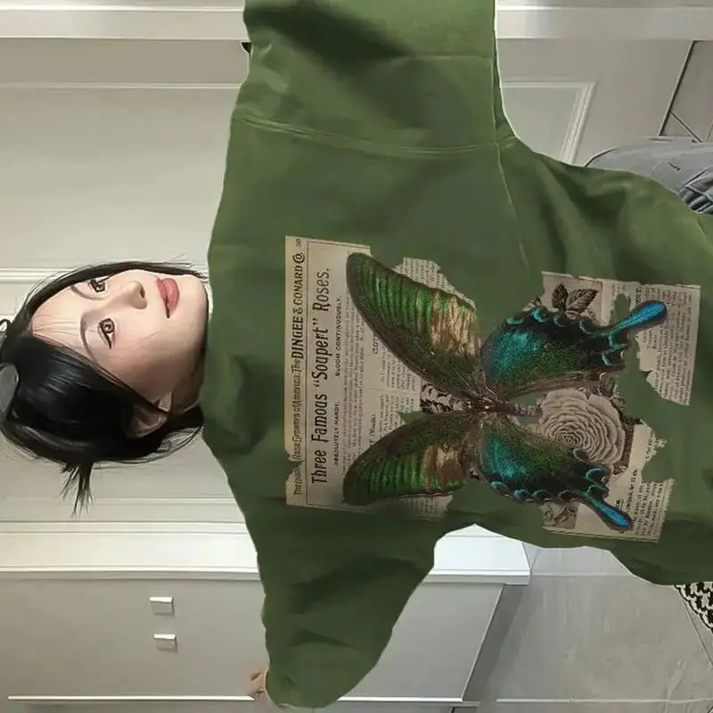 Sweatshirt Long-Sleeved High-End Butterfly Print American Style Lazy Green Women'S Spring And Autumn New Popular Sweatshirt