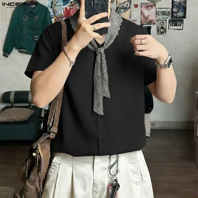 

INCERUN Men Shirt Lace Patchwork V Neck Short Sleeve Shirt Lace Up Streetwear 2026 Korean Style Tops Fashion Casual Men Clothing