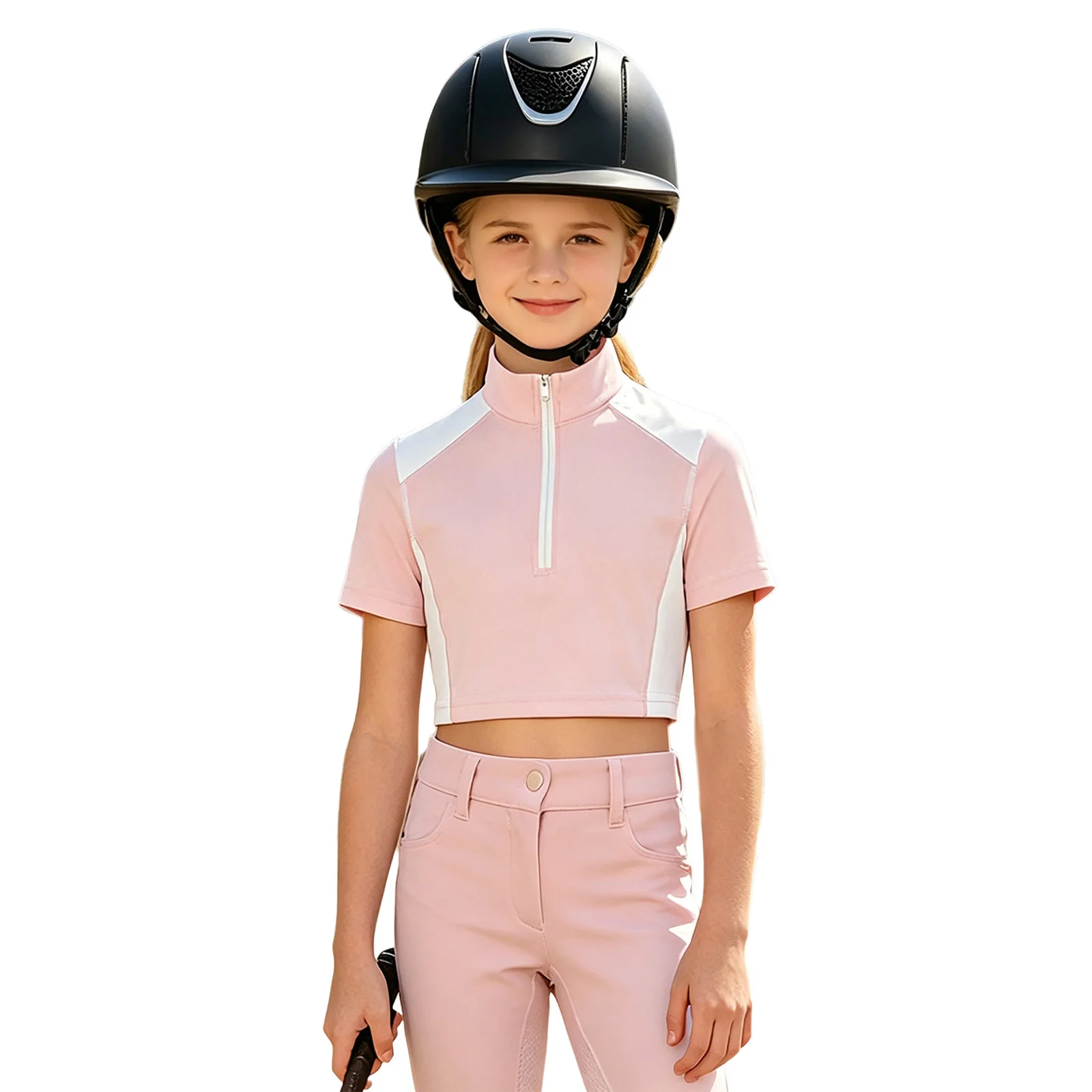 Kids Girls Sports Equestrian Shirt Horse Riding Clothing Short Sleeve Half Zip Athletic Shirts Tops for Golf Tennis Horsemanship