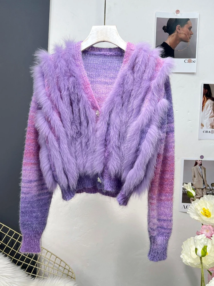 Winter Jacket Women Natural Real Fox Fur Natural Thick Warm Navy Collar Fur Strip Sewed Toghter Sweater New Fashion