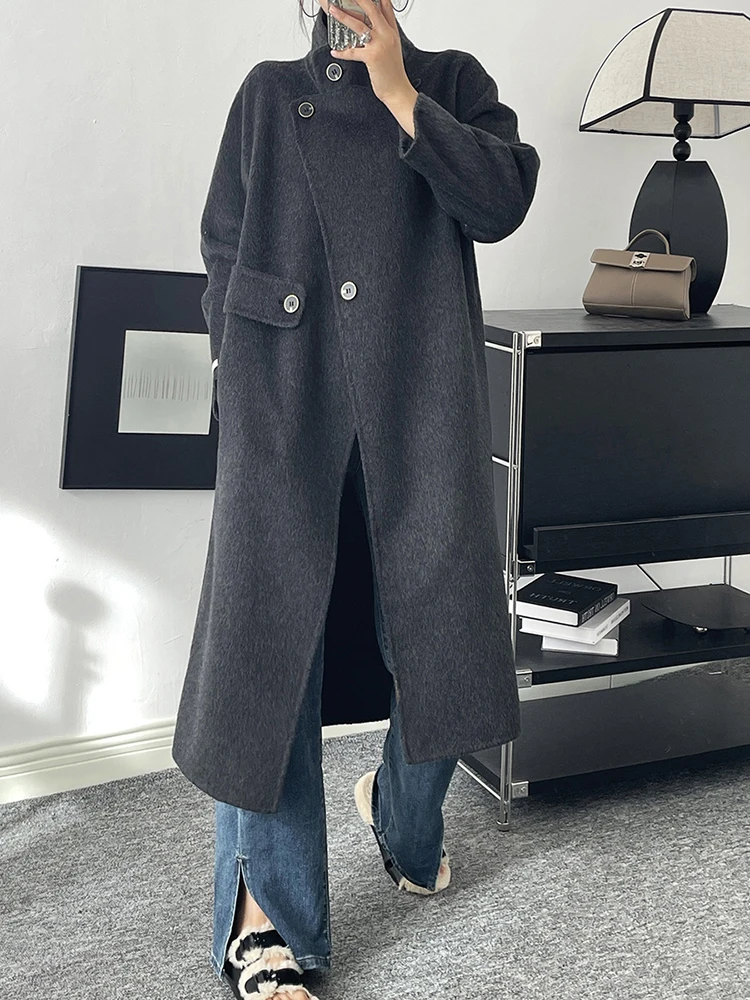 BZVW Fashion Double Sided Woolen Coat For Women Stand Collar Solid Color Mid Length Coats 2024 Female Autumn Winter New 25A8675