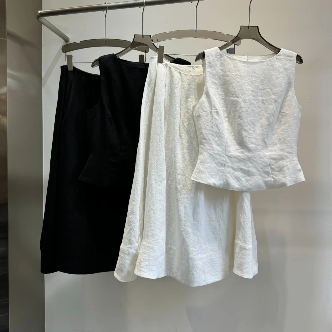 

Summer High-end Linen Sleeveless Top A-line Umbrella Skirt Suit for Women
