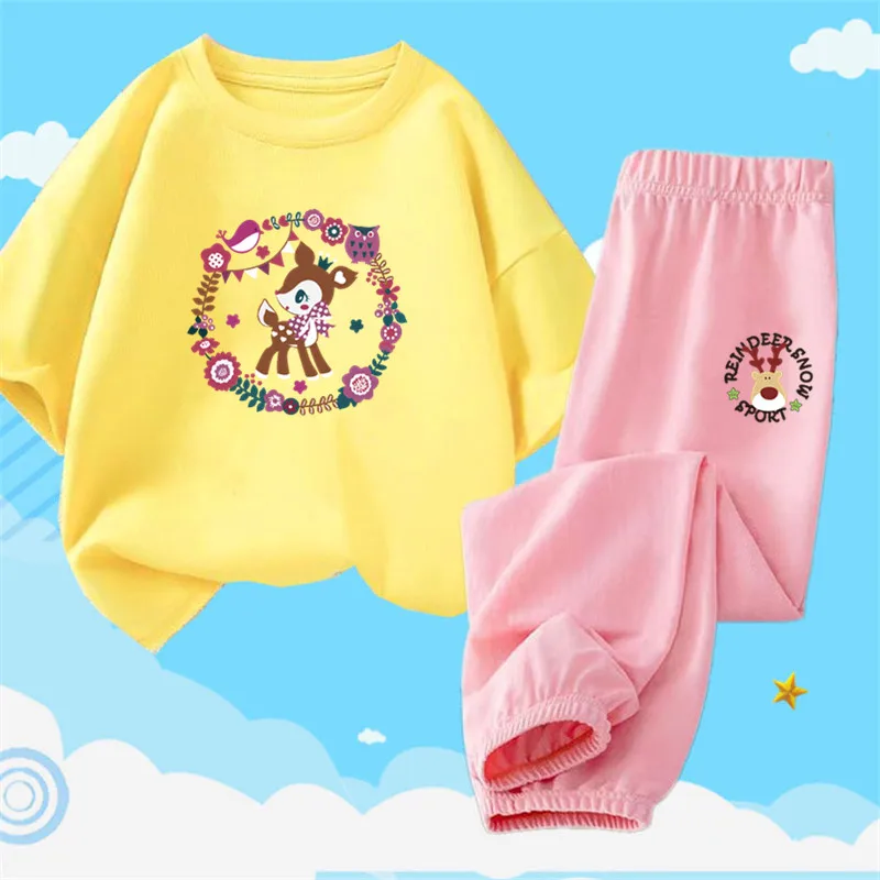 2pcs Girl Summer Clothes Set Children's Christmas Reindeer Short-Sleeved T-shirt and Trousers Fashion Suit Teens Student Outfits