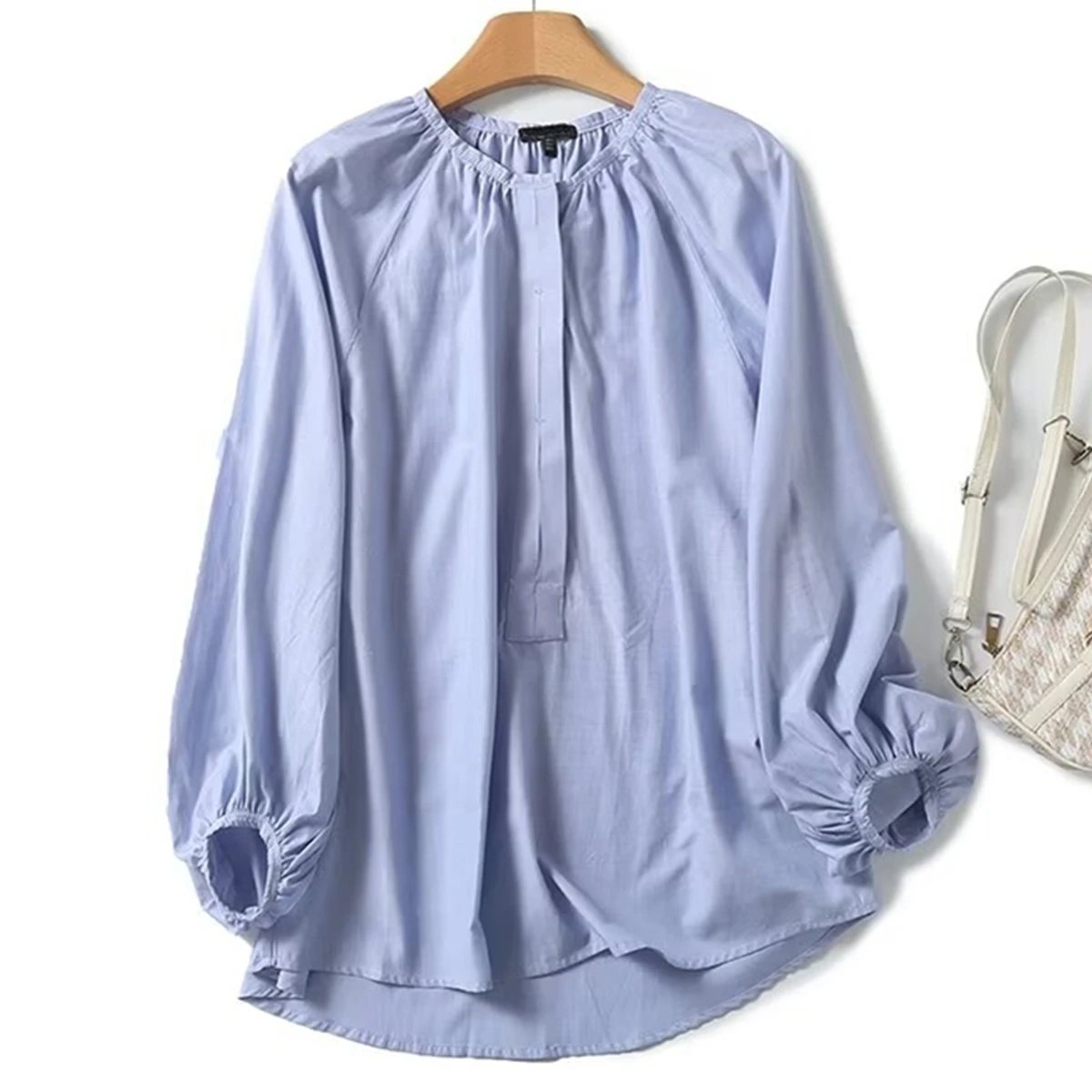 

Withered Casual Long Sleeve Pleated Blouse Women Tops Shirt Women Nordic Minimalist Lake Blue Loose Fitting