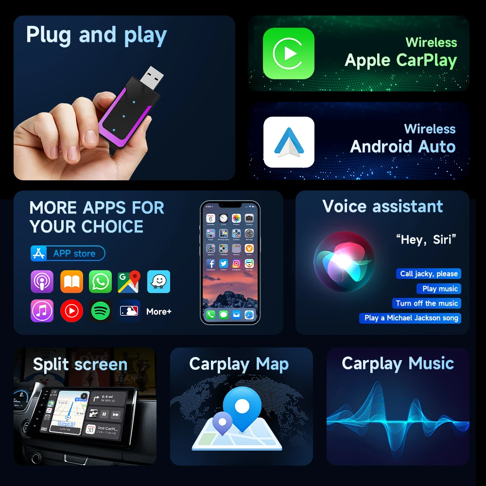 Wired to Wireless Carplay Android Auto Wireless Adapter Plug and Play USB CarPlay AI BOX 2 in 1 Wireless Convert