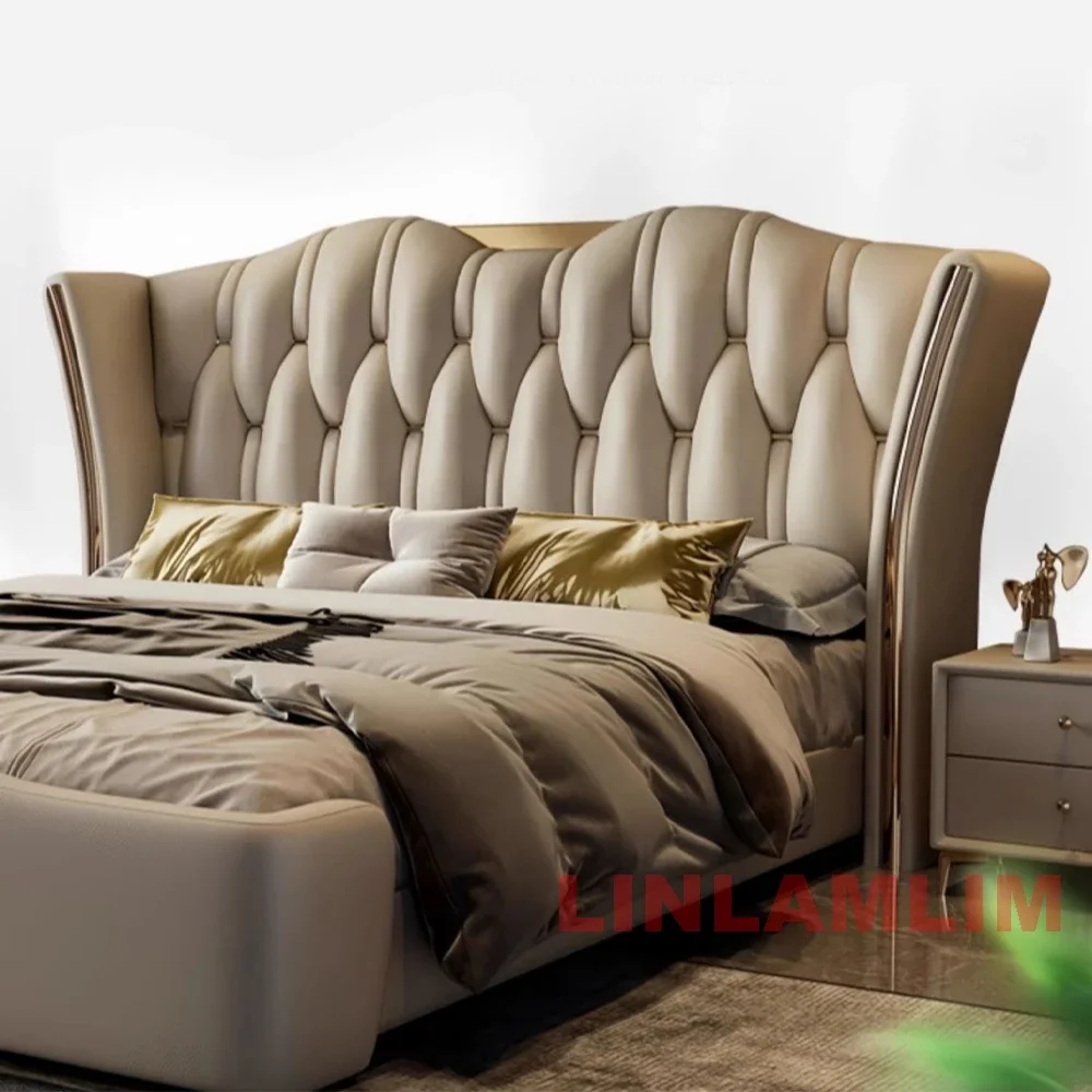 Linlamlim Luxury Modern Upholstered Bed Frame with Gold Accents, Genuine Leather Designer Bed, Queen/King Size Bedroom Furniture