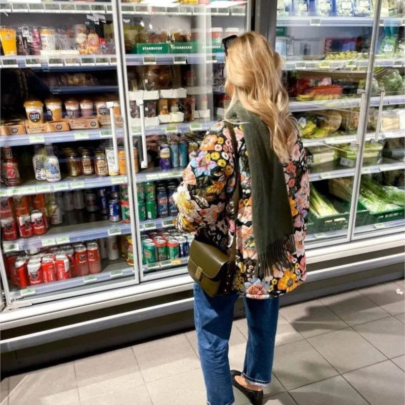 Vintage Floral Flower Printed Coat Women Fleece Thick Warm Long Sleeve Quilted Jacket 2025 Autumn Winter Female Fashion Clothing