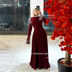 XPAY Sparkly Burgunday Muslim Arabic Women Evening Dresses Beads Diamond Pleats Chiffon Customised Prom Gowns Formal Party Dress