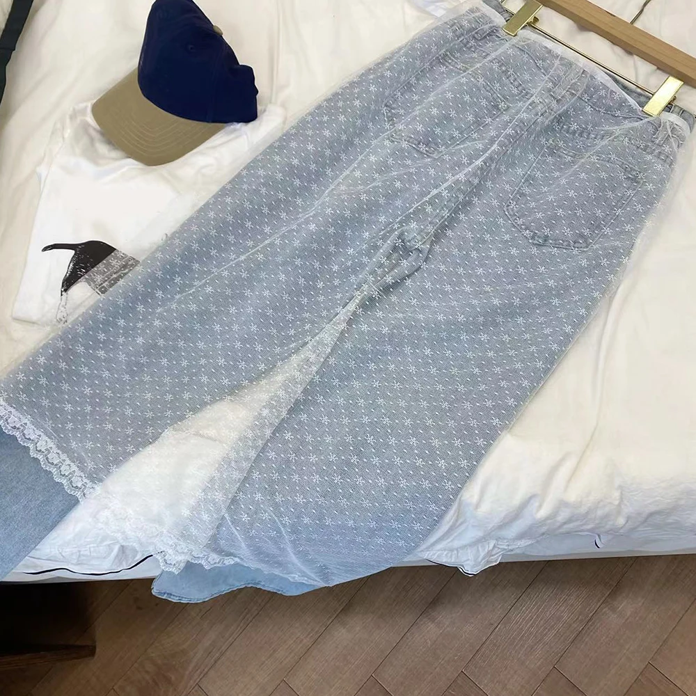 

Lengthening Korean Unique Skirts Ins Blogger Lace Layered Yarn Skirt Fashion Layered Jeans Skirt Sweet Cool Lace Decoration