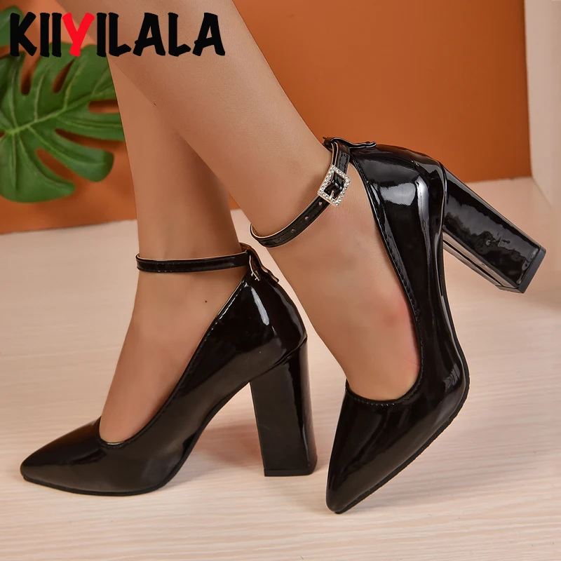 Black 10cm Super High Heel Pumps Women Shoes Pointed Toe Fashion Crystals Pearl Pendant Pimp Buckle Patent Leather Big Size 50