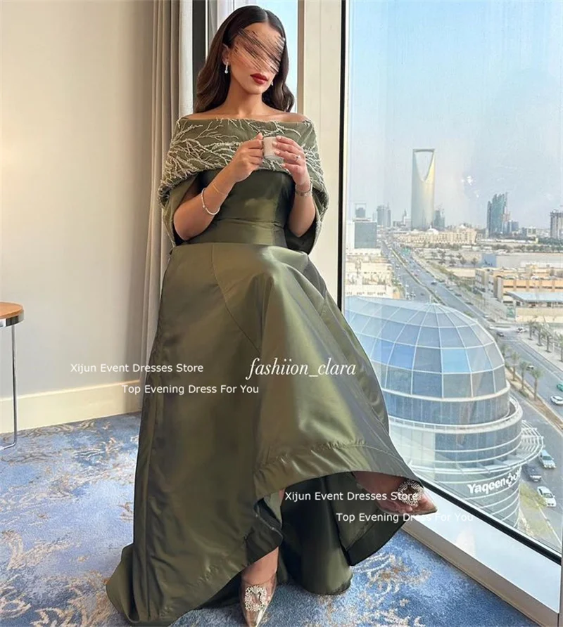 Xijun Green Satin Luxury Evening Dresses Boat Neck Beads Prom Dresses Prom Gowns Saudi Arabric Dubai Prom Gowns Long Party Gown