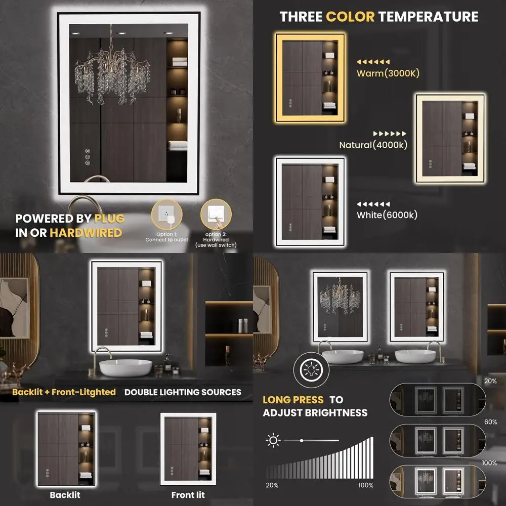 

Anti-Fog LED Bathroom Mirror with Black Frame, Dimmable Lighting, Tempered Glass, Wall-Mounted Vanity Mirror