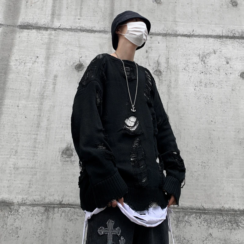 

Men's Oversized Knitted Sweater Hollow out Tear Design Heavyweight Lazy Sle American High Street Sweater Winter Faion