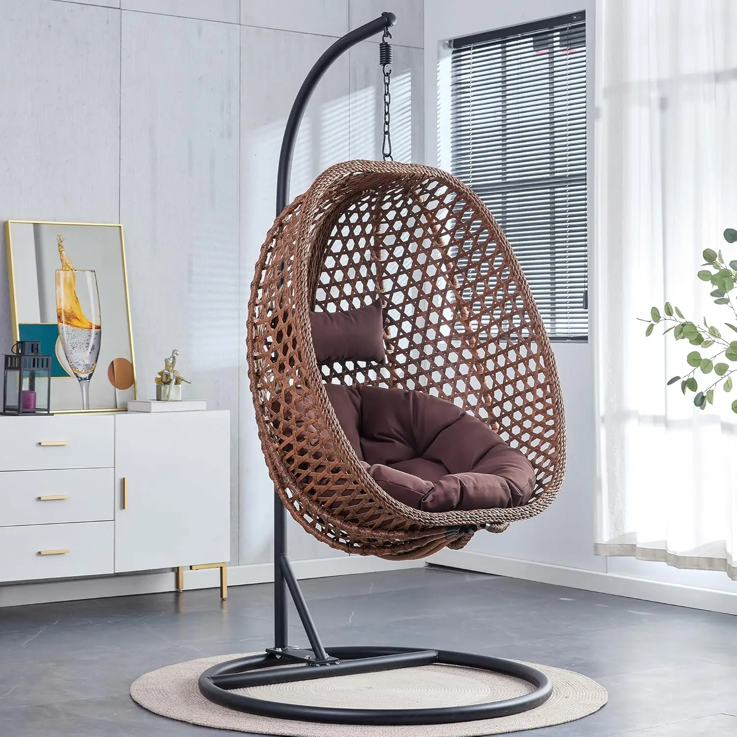 

Egg Swing Chair Indoor Outdoor, Brown Wicker Hanging Seat with Stand, UV-Resistant Cushion, 300 LBS Capacity