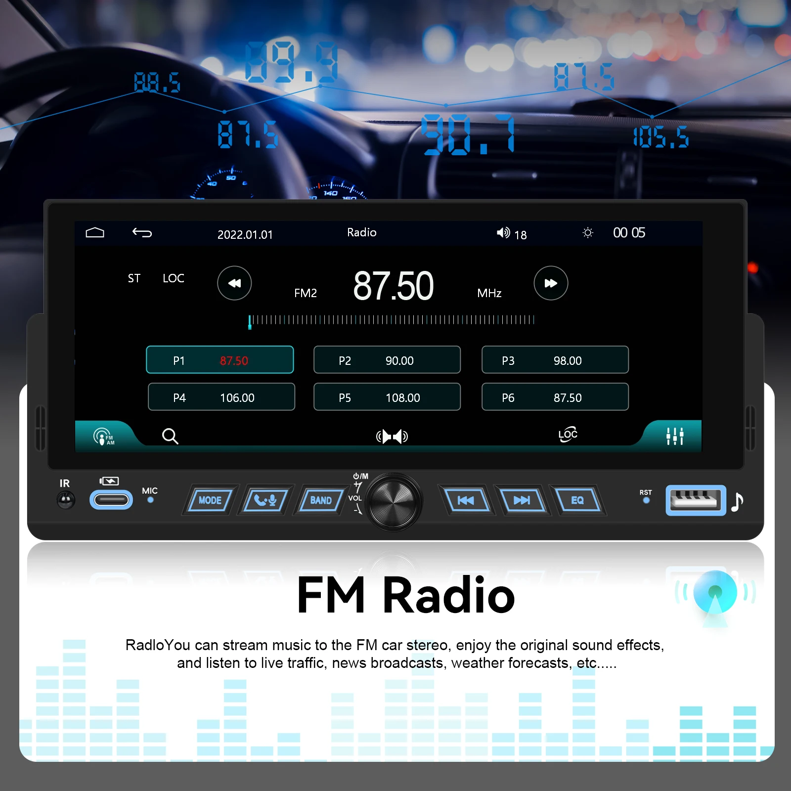 Podofo 'راديو السيارة 1Din مشغل MP5 لاسلكي Carplay أندرويد مشغل وسائط متعددة Type-C USB FM/RDS مرآة حبر ستيريو السيارة #4
