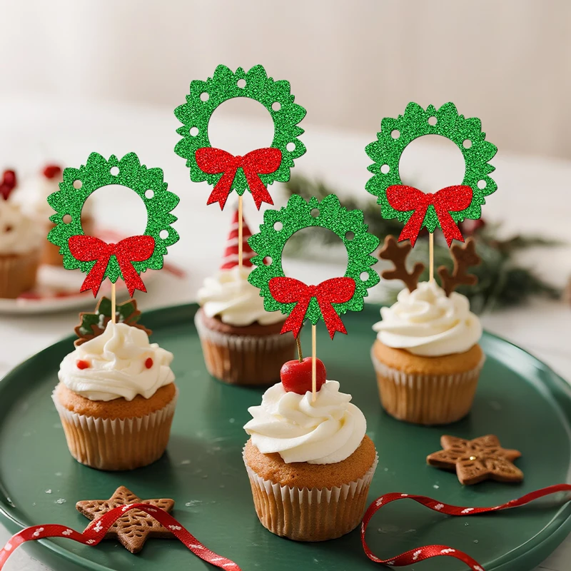 YOMDID 24 Stück glitzernde Weihnachtsgirlande, Cupcake-Topper, Frohe Weihnachten, Kuchendeckel, glitzernde Girlande mit Schleife, Kuchendekoration