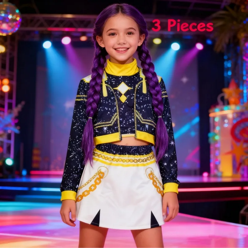 Conjunto de actuación de cadena brillante de estilo coreano para niña, chaqueta, chaleco y falda suaves y transpirables, 3 uds.