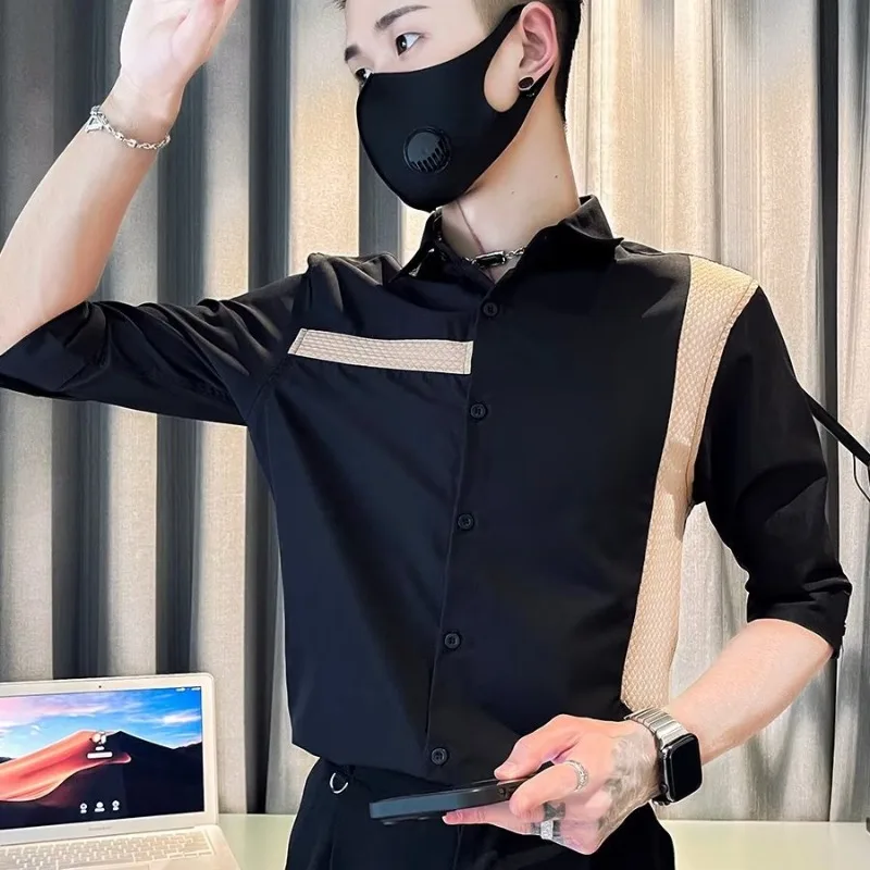 

Мужская летняя ort Sve Ice Silk irt Slim Fit Casual Sle Five-Quarter Sve Faionable Корейская версия f Sve irt