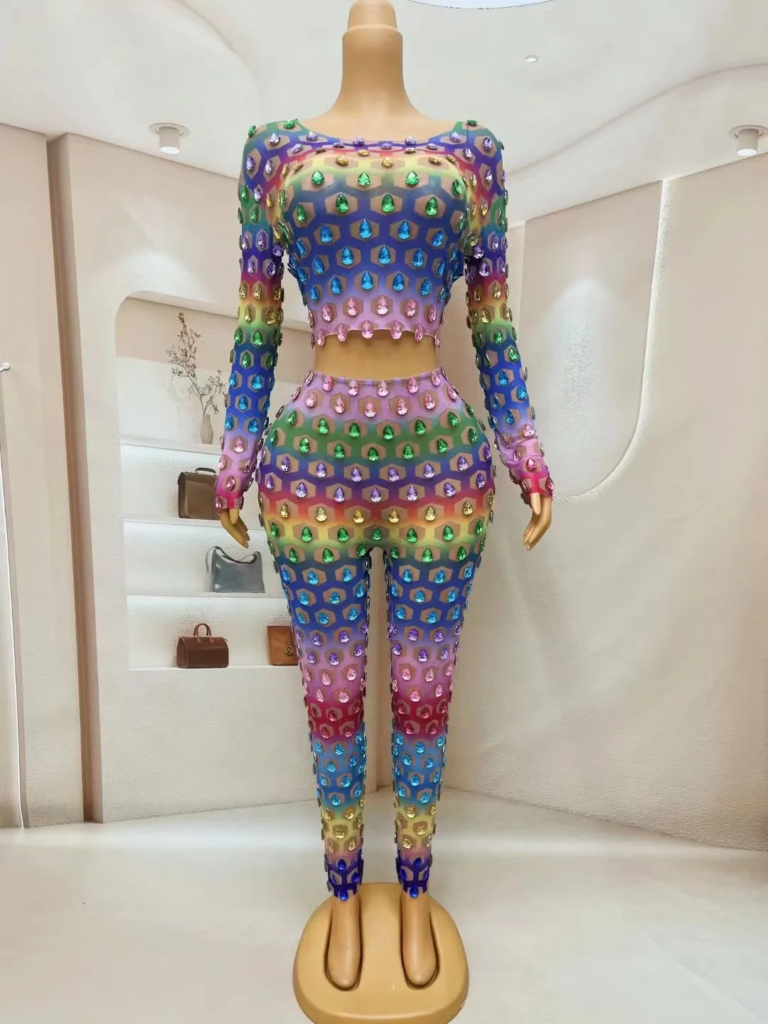 Sexy Colorful Big Rhinestones Transparent Pants Evening Birthday Celebrate Costume Dance Performance Leggings Outfit