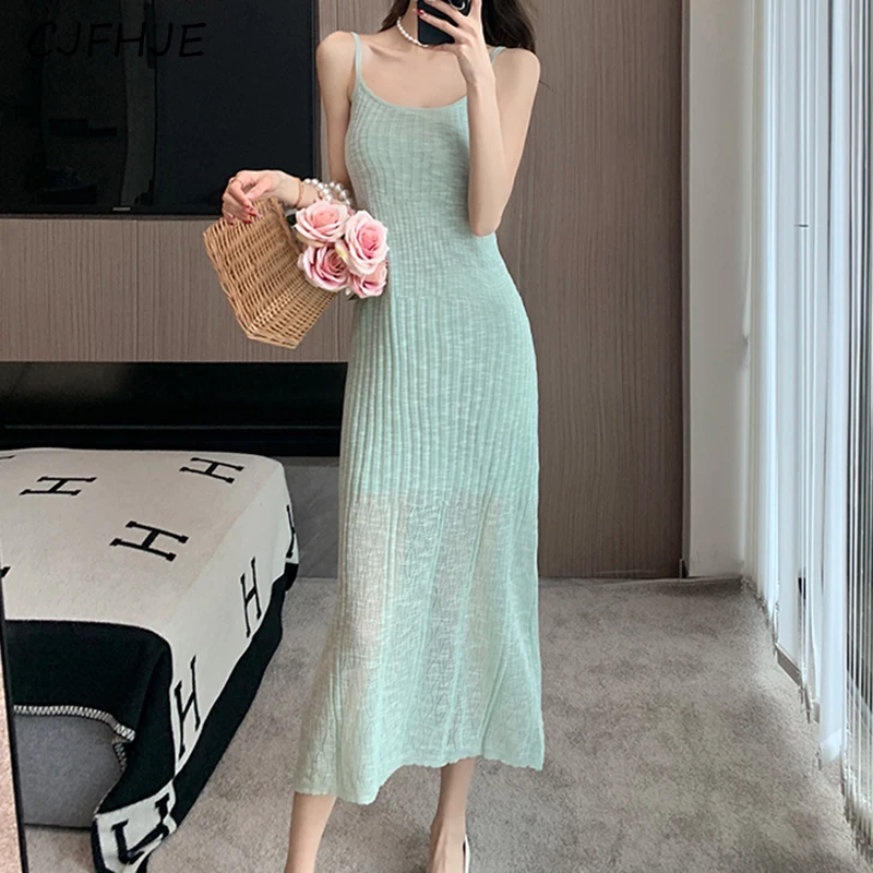 CJFHJE Summer Fashion Mint Green Knitted Women\'s Sling Dresses Korean Casual Waist Wrapped Women Vacation Style Hip Wrap Dress