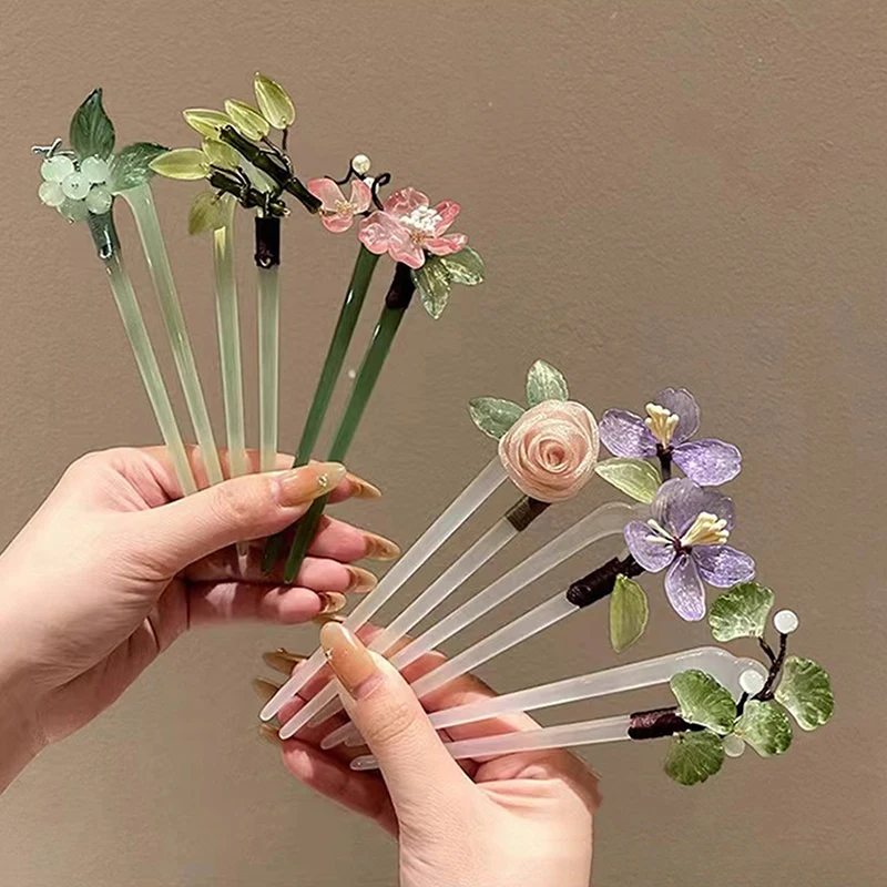 1Pc Fashion U-shaped Hairpin Acrylic Flower Hair Stick Chopsticks Chinese Hair Clips Wedding Headdress Jewelry Hair Accessories