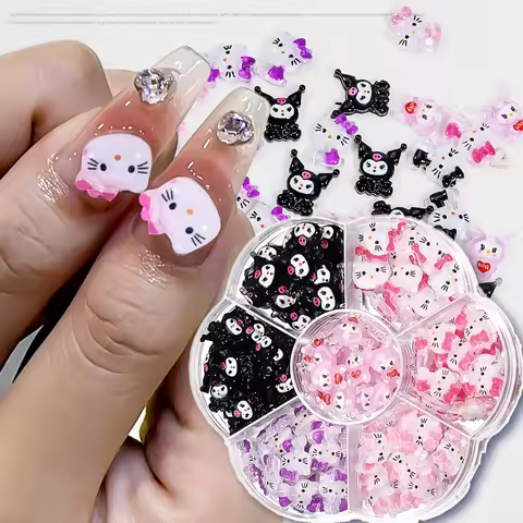 1box 7 Grid Kuromi Hello Kitty 3D Nail Decorations Flat Back Translucent Cute Melody Cartoon Nail Charms DIY Manicure Gems Parts