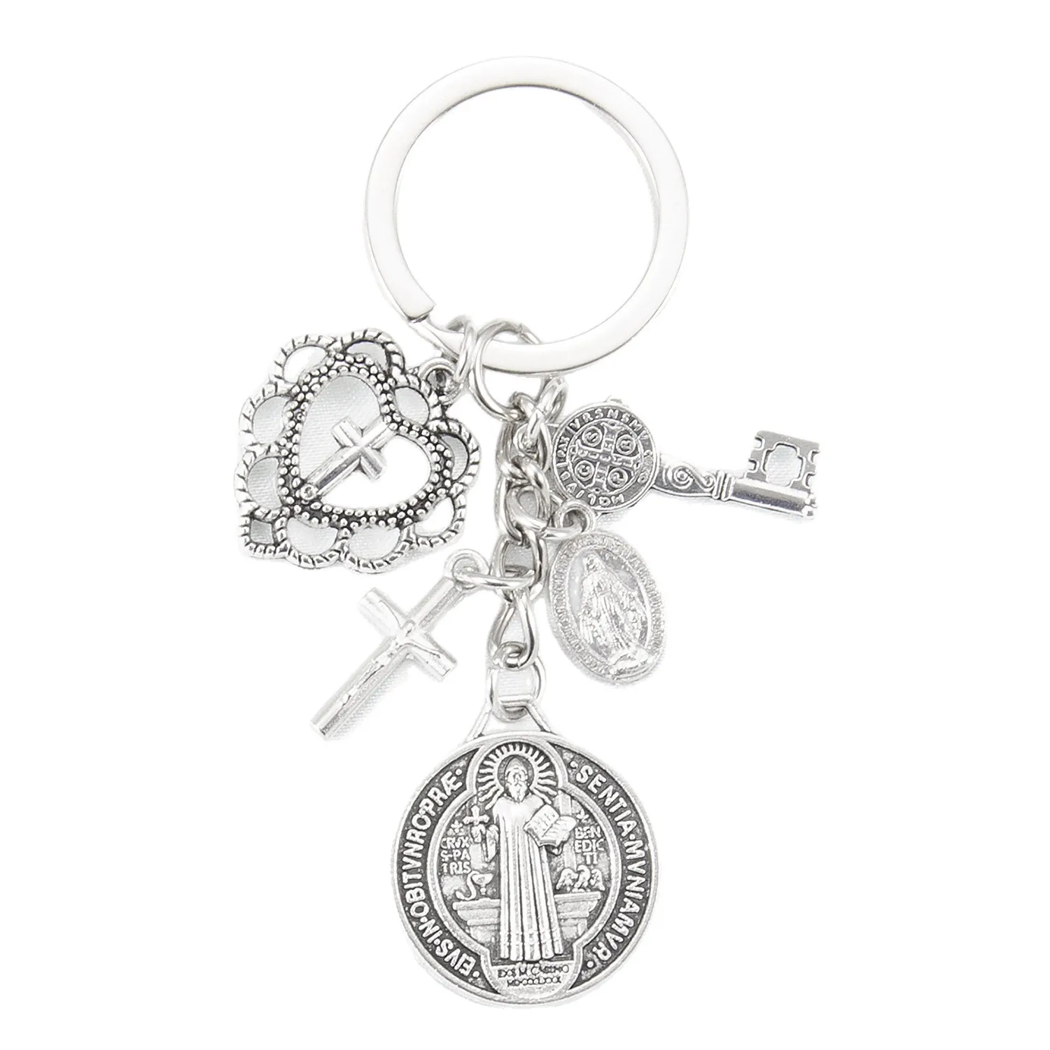 San Benedict Pendant Hollow Heart Keychain Accessory Vintage Double-Sided Cross Key Ring Catholic Themed Jewelry