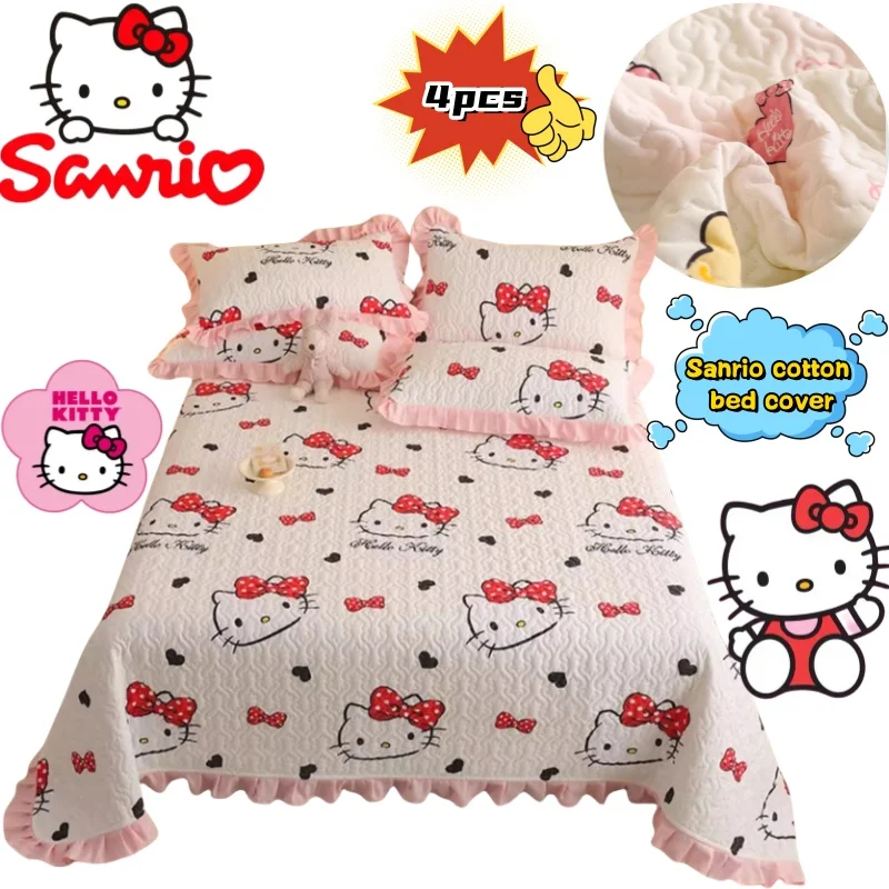 

Sanrio Hello Kitty Kuromi My Melody Cinnamoroll Хлопковое покрывало на кровать, комплект из 4 предметов, креативный дорогой принт, милая мягкая простыня