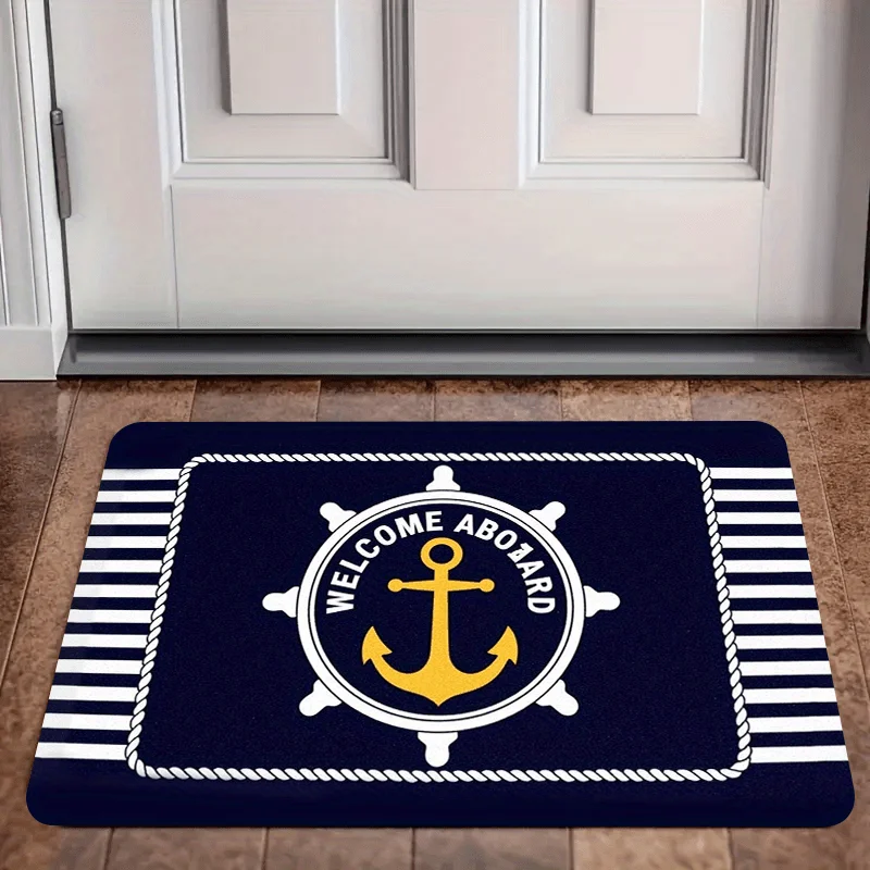 2D Flat Nautical Anchor Ship Wheel Welcome Aboard Navy Blue Flannel Door Mat Non Slip Marine Theme Rug For Entryway Porch Floor