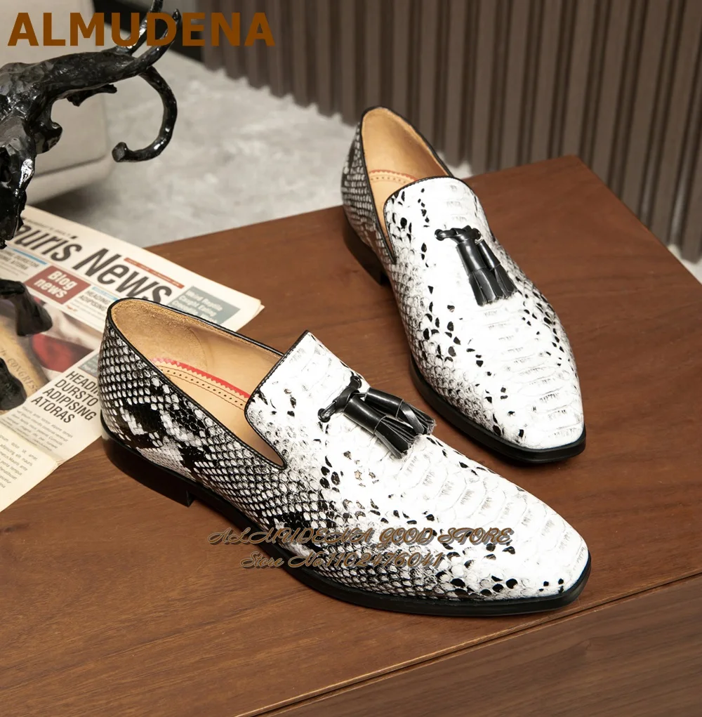 ALMUDENA Men's White Grey Snakeskin Formal Shoes Small Tassel Decorated Luxury Dress Shoes Slip-on Business Shoes Size46