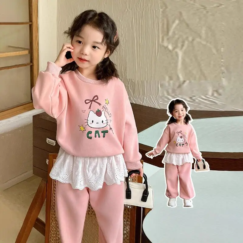 

Sanrio Hello Kitty пуловер брюки комплект из двух предметов весенние топы для девочек кружевные спортивные штаны студенческие каваи аниме модная повседневная одежда