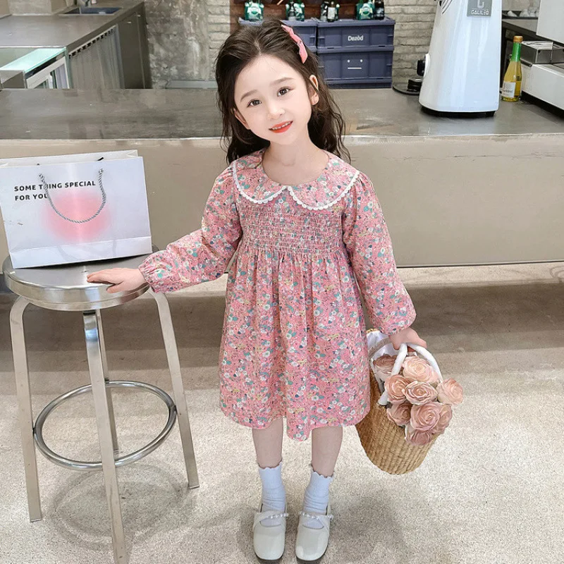 

Детское платье для девочек в зарубежном стиле, весна-осень, с длинным рукавом, цветочным принтом, новинка 2025 года, милое платье-принцесса, весеннее платье