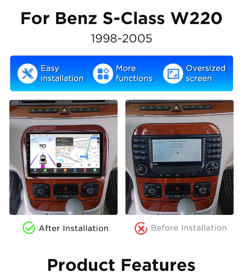 Junsun 360° ° Panoramakamera-Autoradio für Mercedes Benz S-Klasse W220 1998–2005, kabelloses CarPlay Android Auto Stereo GPS Navi – Detail 4