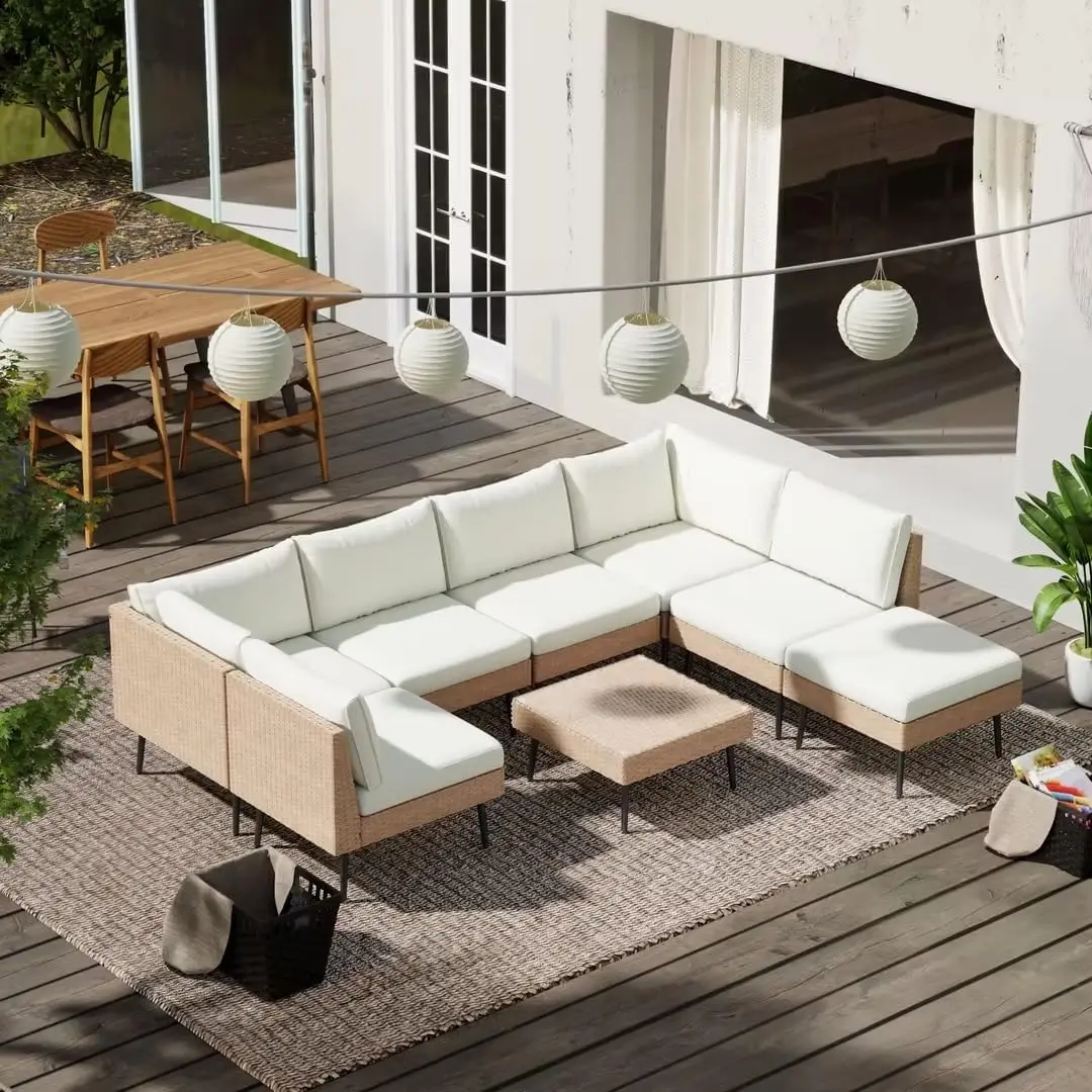 

Outdoor Patio Sectional Furniture Set, 8 Piece Wicker Conversation Patio Furniture for Garden, Backyard