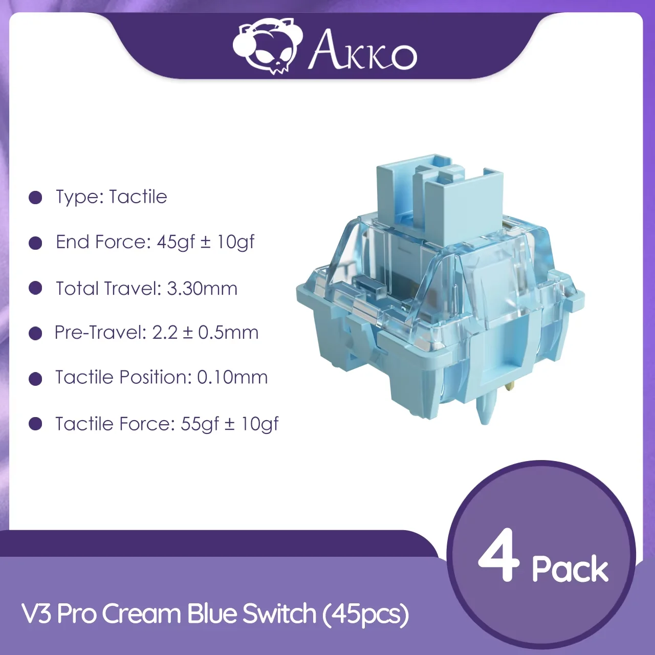 Akko V3 Crème Blue Pro Switch 5 Pin 45gf Tactiele Schakelaar Met Stofdichte Steel Compatibel Met Mx Mechanisch Toetsenbord (45 Pcs)