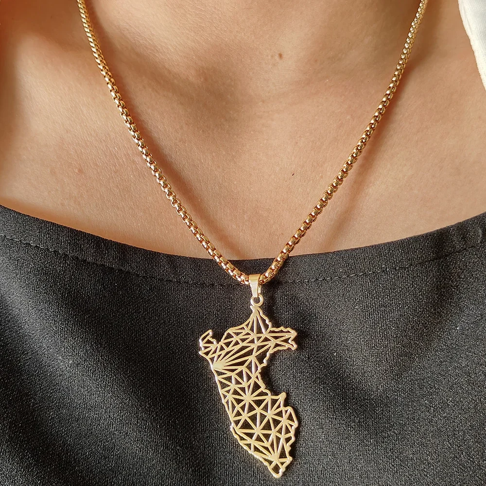 Peru Map Pendant Necklace For Women Men Gold Color Stainelss Steel Hollow Clavicle Chain Necklaces Jewelry Ethnic Gift