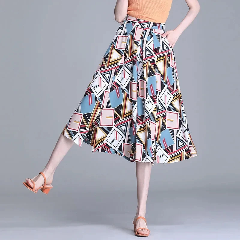 Summer New Thin Print Pants Loose Elastic High Waist Wide Leg Skirts Pants Women Casual Large Size Palazzo Skirts Pants 4XL