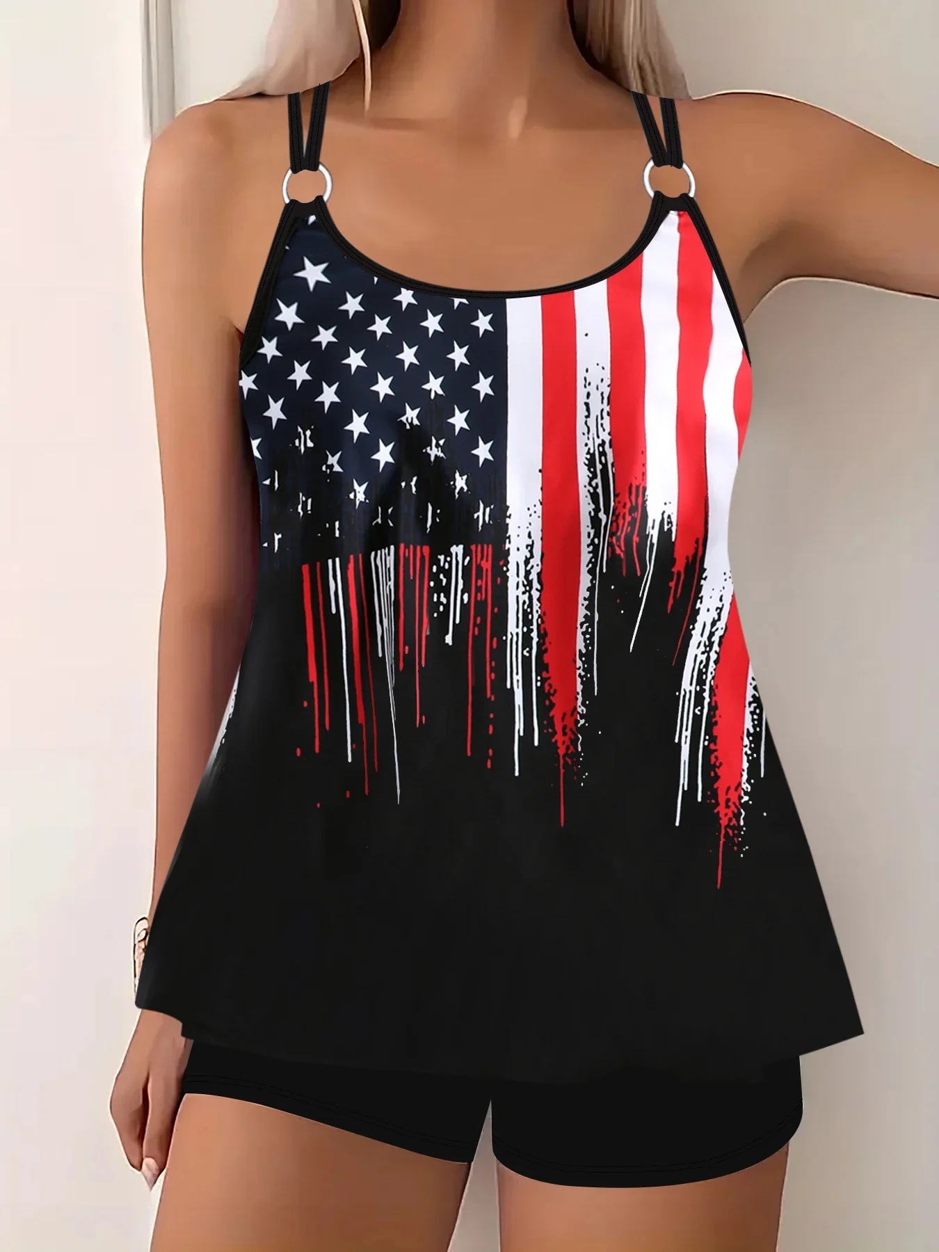 Women's Sexy Casual Vacation Style Swimwear Straps Adjustable American Flag Print Bikini Swimsuit Set S-6XL