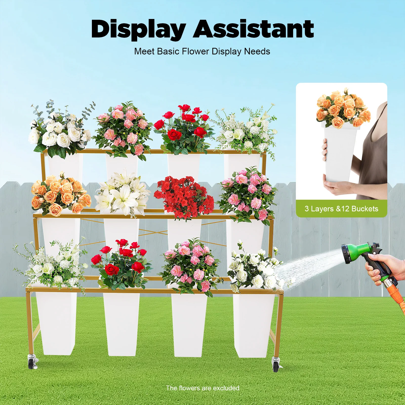 

3-Tier Flower Display Stand,Cold-Rolled Steel 12-Bucket Floral Showcase Rack with Rolling Casters&Brakes for Home/Florist/Events