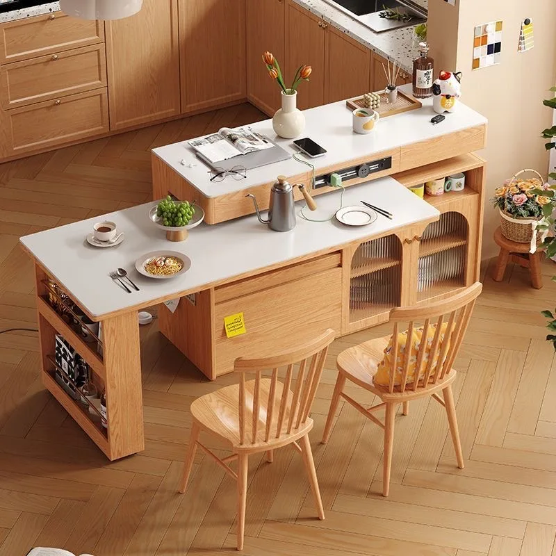 HE Wooden House Solid Wood Island Telescopic Dining Table Integrated Home Sintered Sintered Stone Rotating