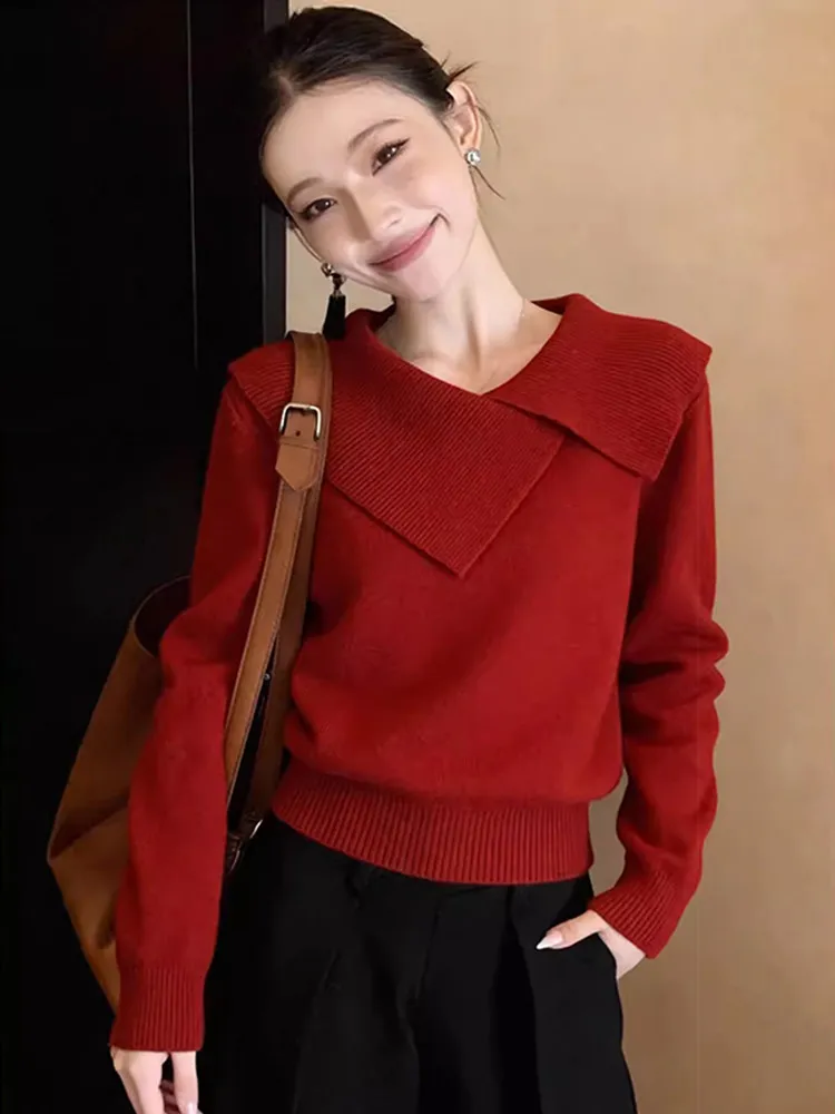 

Красный вязаный свитер с длинными рукавами для женщин, коллекция Зима 2026, теплый, асимметричный, для повседневной носки, стандартный крой.