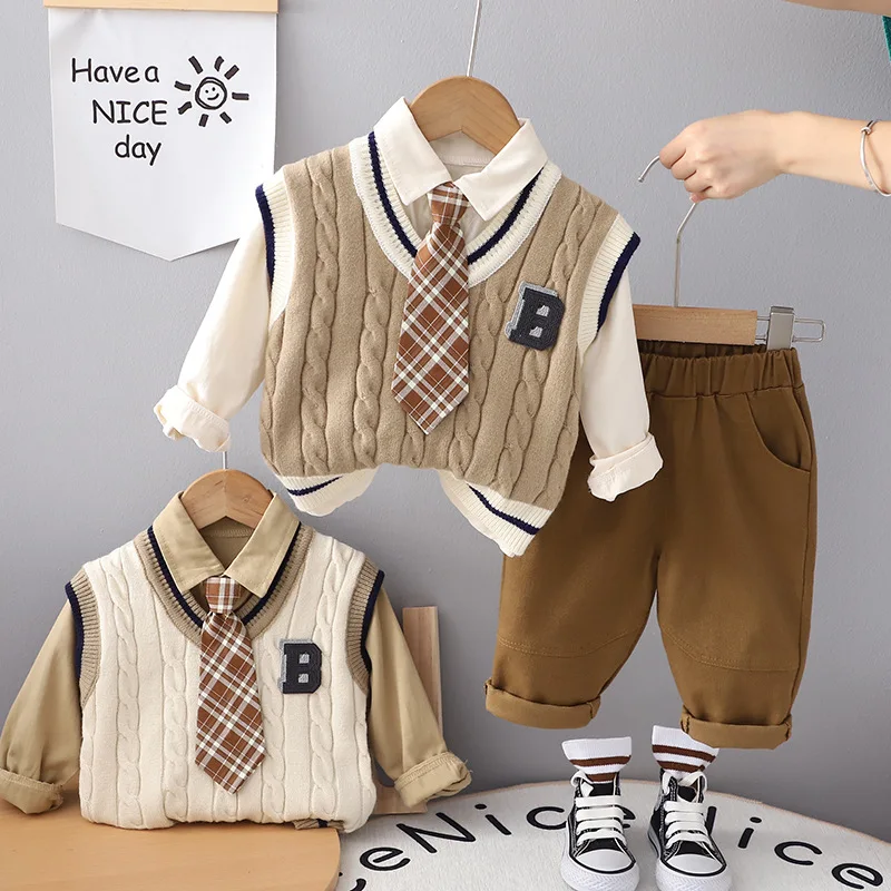Boys School Uniform Sets 2025 Autumn New Style Formal Knitted Vest Tie Shirt Pants 3-Piece Suit Children's Clothing for School